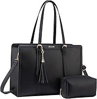 LOVEVOOK Women's 15.6 Inch Laptop Tote Bag - Lightweight PU Leather with Clutch Purse for Work, Travel, Office (Black)