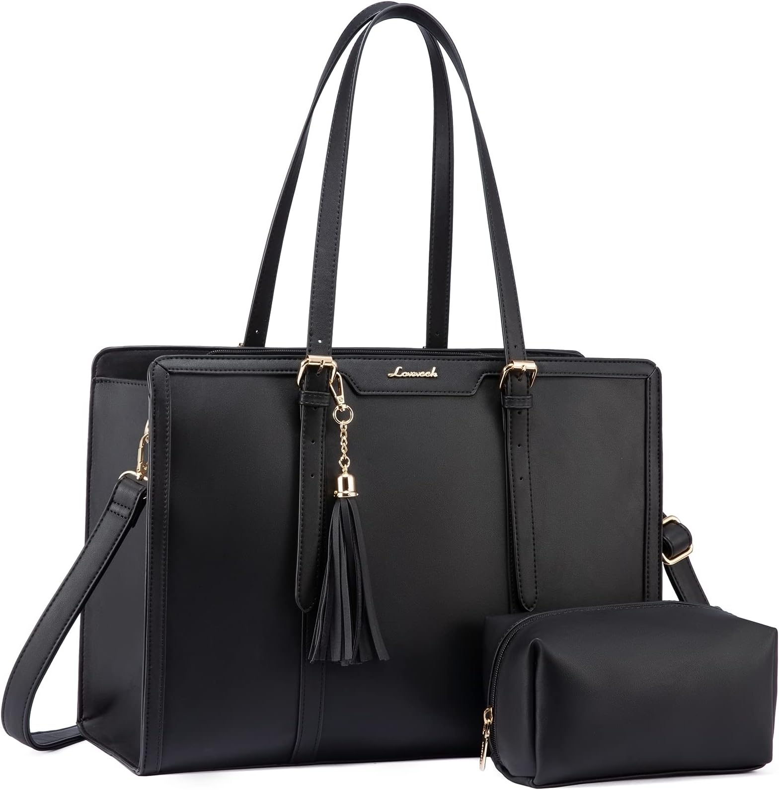LOVEVOOK Laptop Bag for Women 15.6 inch Lightweight PU Laptop Tote Bag, Large Capacity Computer bag with Clutch Purse for Business, Work, Office, Travel, School,Casual(Black & Leather)