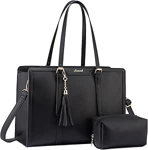 LOVEVOOK Women's 15.6 inch Laptop Tote Bag with Clutch - Black & Leather