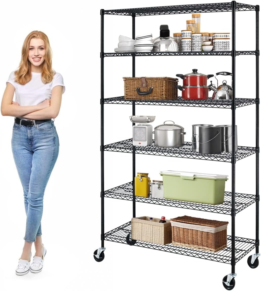 Meet perfect 6-Tier Wire Shelving Unit with Wheels, 72" H x 48" W x 18" D Heavy Duty Metal Shelf, 6000LBS Capacity Adjustable Utility Storage Rack for Garage Pantry Kitchen Warehouse