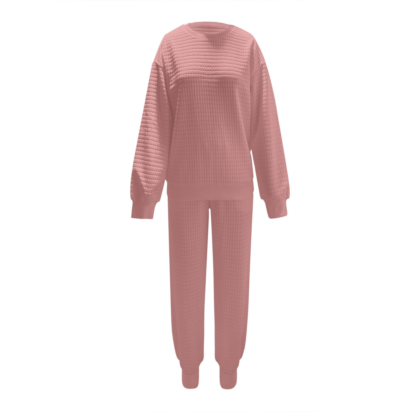 Ensemble de pyjama 2 pièces à carreaux pour femme | Haut à manches longues et col rond et pantalon de pyjama douillet uni élastique