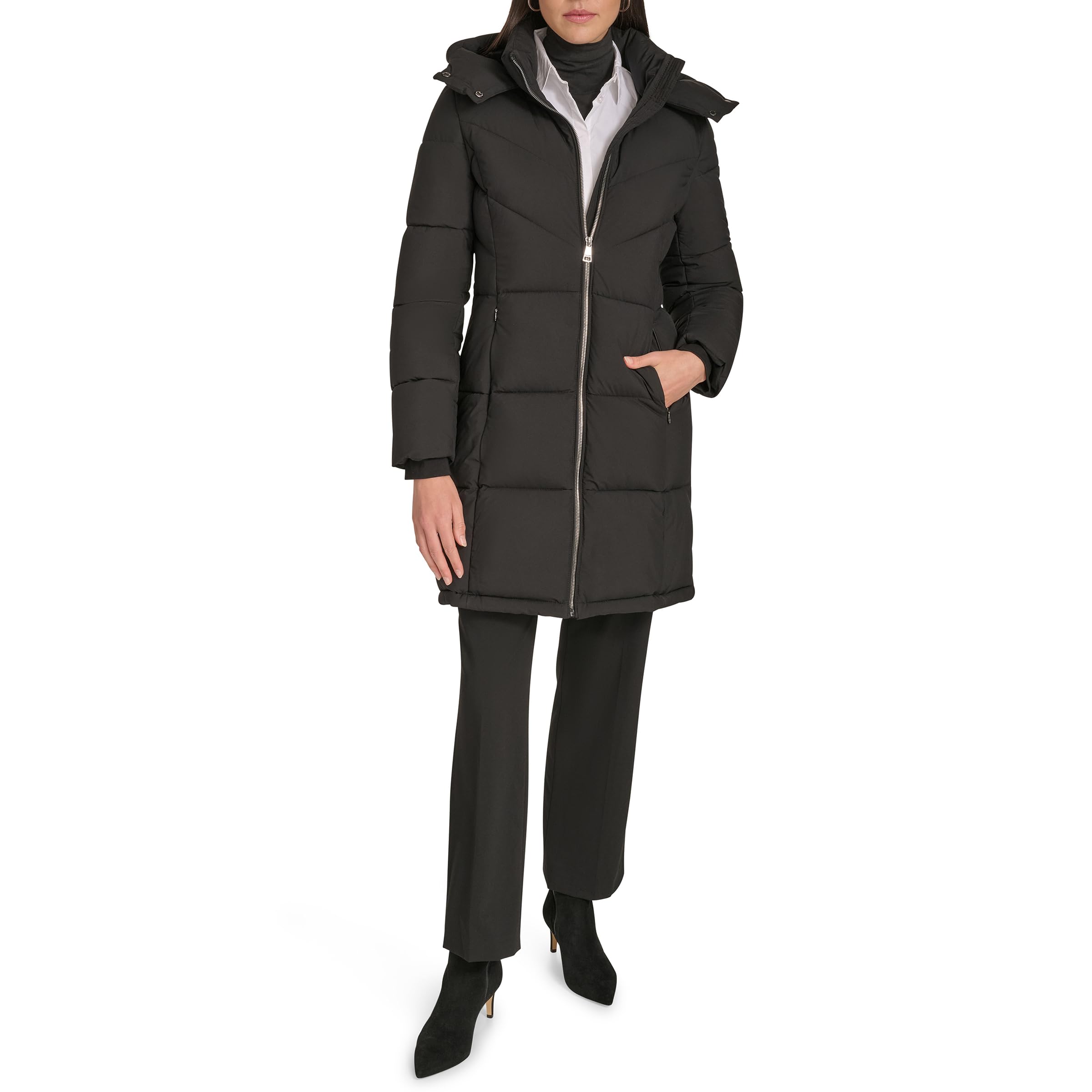 Calvin Klein Women's Ebony Hooded Zip Front Puffer Long Sleeve Coat Jacket, Xs