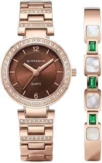 Giordano Eleganza Collection Analog Watch for Women with Bangle Set - Round dial with Diamond-Studded Case, Stainless Steel Metal Strap