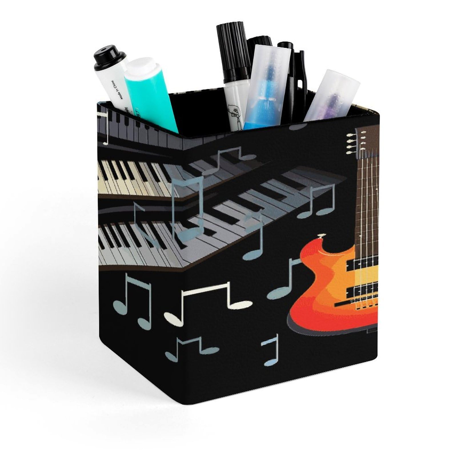 JTREHY Guitar Piano Pattern Pen Holder Square Pen Pencil Holder Makeup Brush Holders Cup PU Leather Pencil Cups Desktop Caddy Stationery Organizer Case Office Accessories Container Box