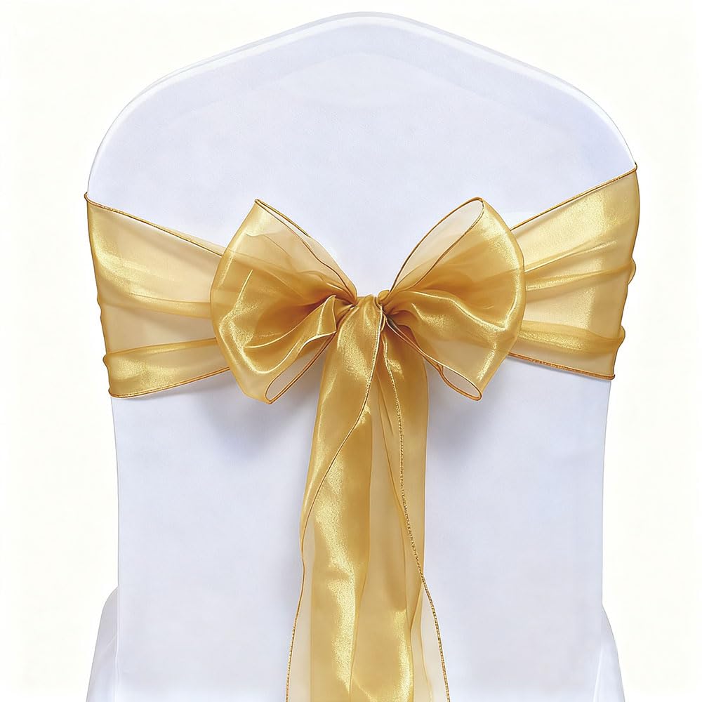 Magtowne Gold Organza Chair Sashes 50 Pack Universal Chiffon Ties Ribbons For Wedding Christmas Party Reception Ceremony Banquet Decor, Chair Bows For Chairs