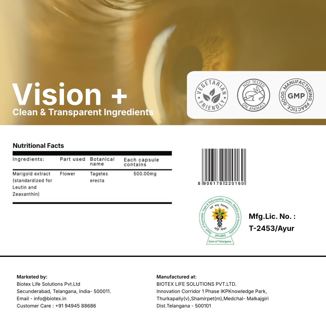Biotex Vision+ | Marigold Extract with Lutein & Zeaxanthin | Ayurvedic Eye Wellness Capsules | For Screen Users & Adults | 500mg | 60 Veg Capsules | Gluten-Free | Soy-Free — Amazon image 4