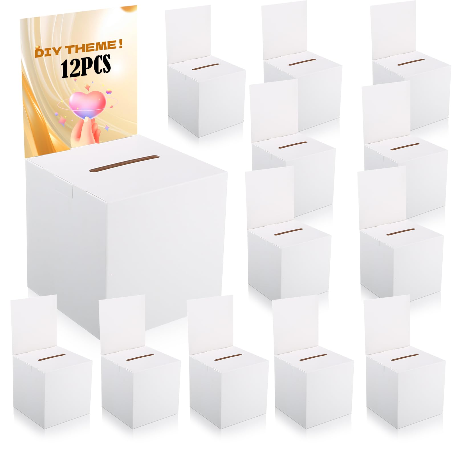 12 cajas de rifa, caja de donación de sugerencias para recaudación de fondos, caja de tarjetas de boletos de rifa con ranura y cabecera extraíble, caja de votación para subastas, concurso de tarjetas