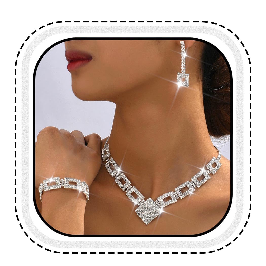 Crystal Bridal Wedding Jewelry Set Silver Rhinestone Necklace Earrings Bracelet Sets Formal Costume Jewelry for Women and Brides