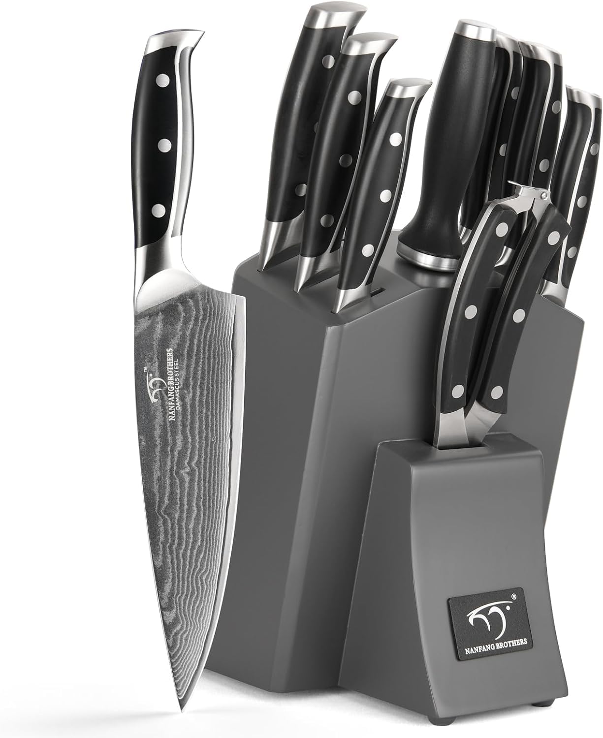 Professionelles Japanisches Damaszener Stahl Küchenmesser Set 9 Teile mit Holzblock, beinhaltet Kochmesser, Brotmesser, Santoku Messer, Allzweck- und Schälmesser, alle in einer Geschenkbox Grau
