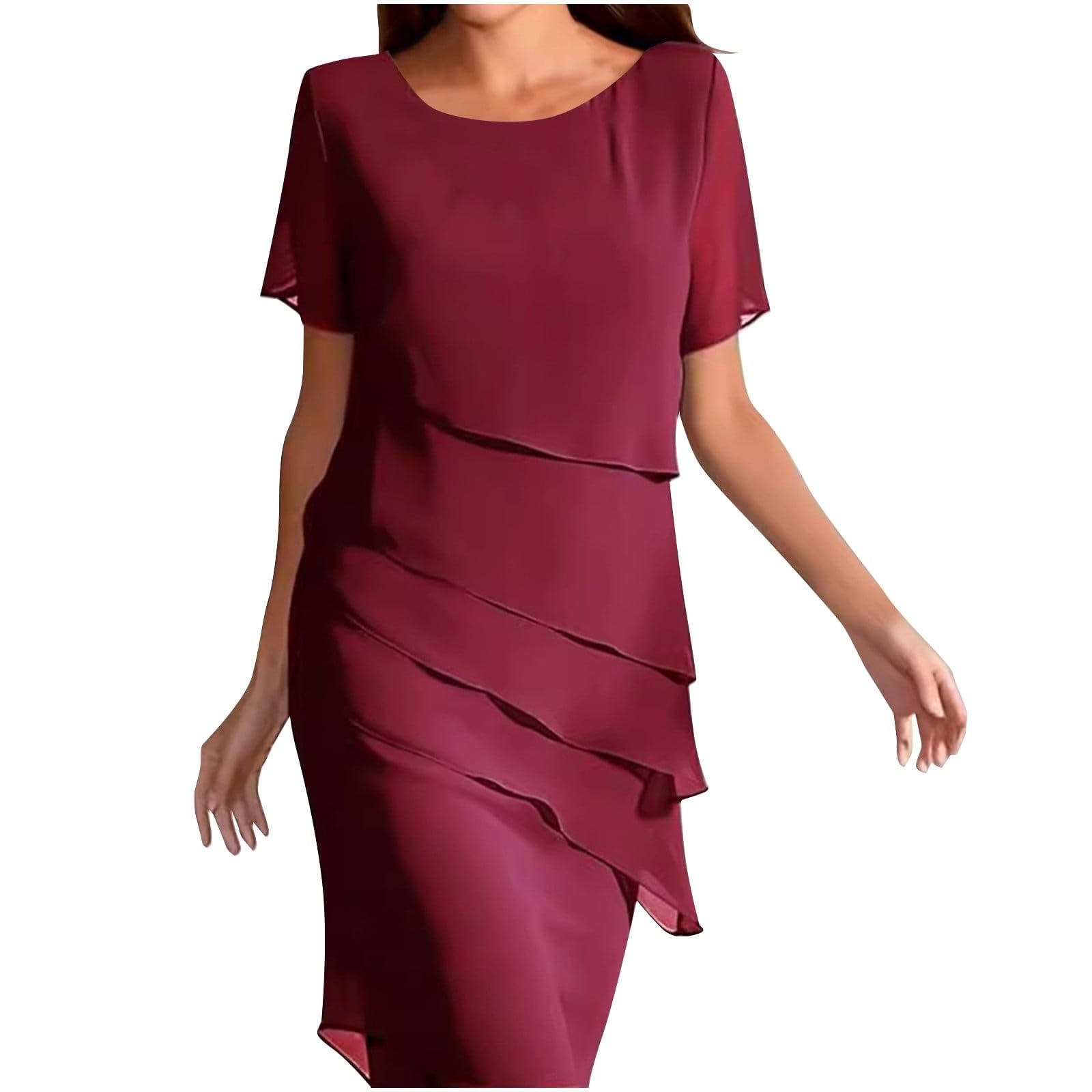 Chiffonkleid Damen Festlich Knielang Kleid Hochzeitsgast Damen Sommer Festliche Cocktailkleid Elegant Kleider Hochzeit Abendkleid Mit Ärmel Festkleid A Linie Chiffon Stufenkleid Frauen Schick