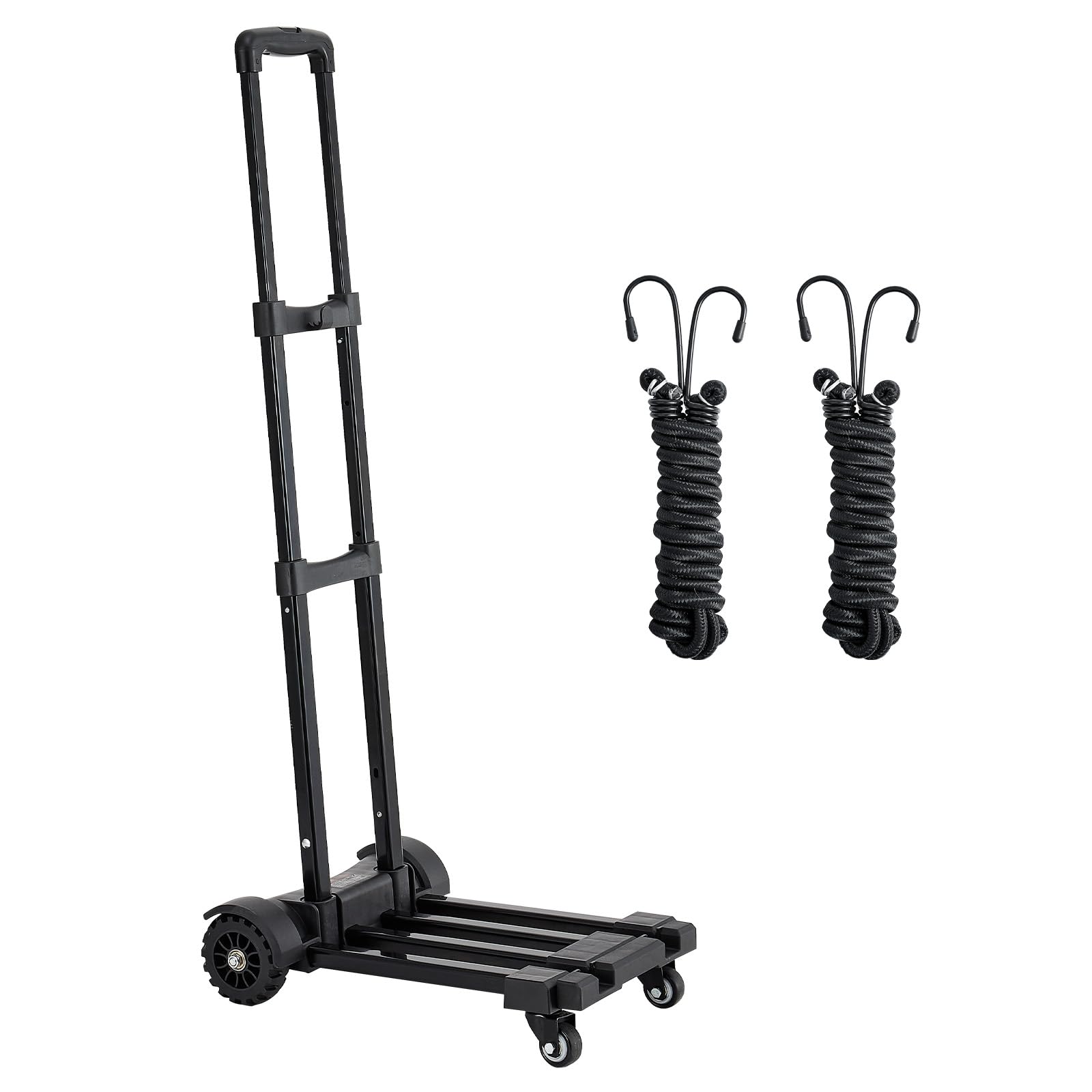 VEVOR Diable Pliant 4 Roues, Chariot à Bagages Pliable, Capacité de Charge 131,5 kg, 2 Cordes Élastiques, Base Extensible, Chariot Utilitaire pour Déménagement, Manutention, à l'Aéroport, Bureau, Noir