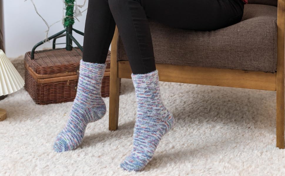 Image of ICEIVY 5 Pair Fuzzy Cozy Socks for Women - Warm Comfy Soft Casual Home Sleep Winter Wool Socks - Gifts for Women