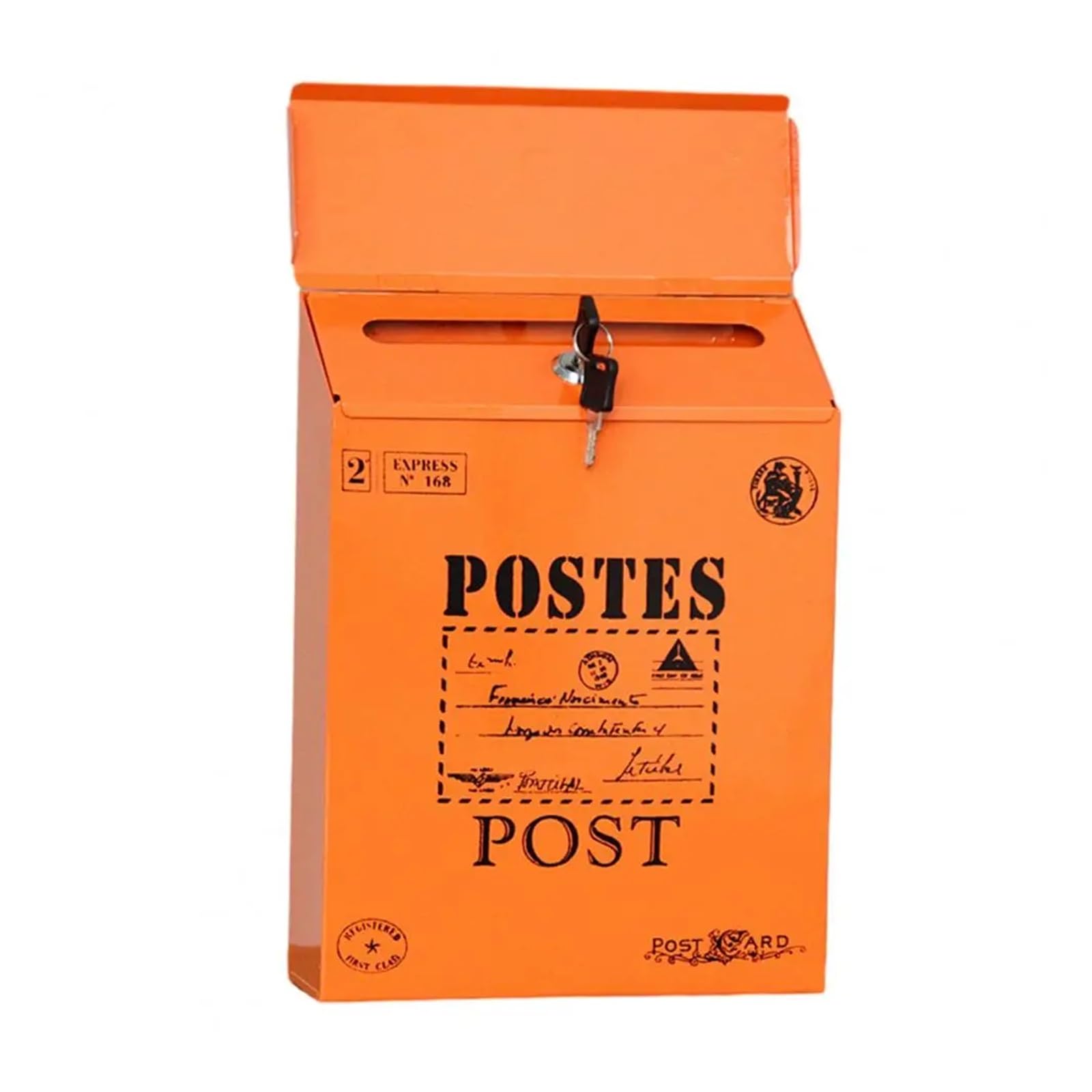 Post Box Iron Suggestion Box Rustic Style Wall Mounted Mailbox with Locking Secure Vibrant for Workplace(Orange A)