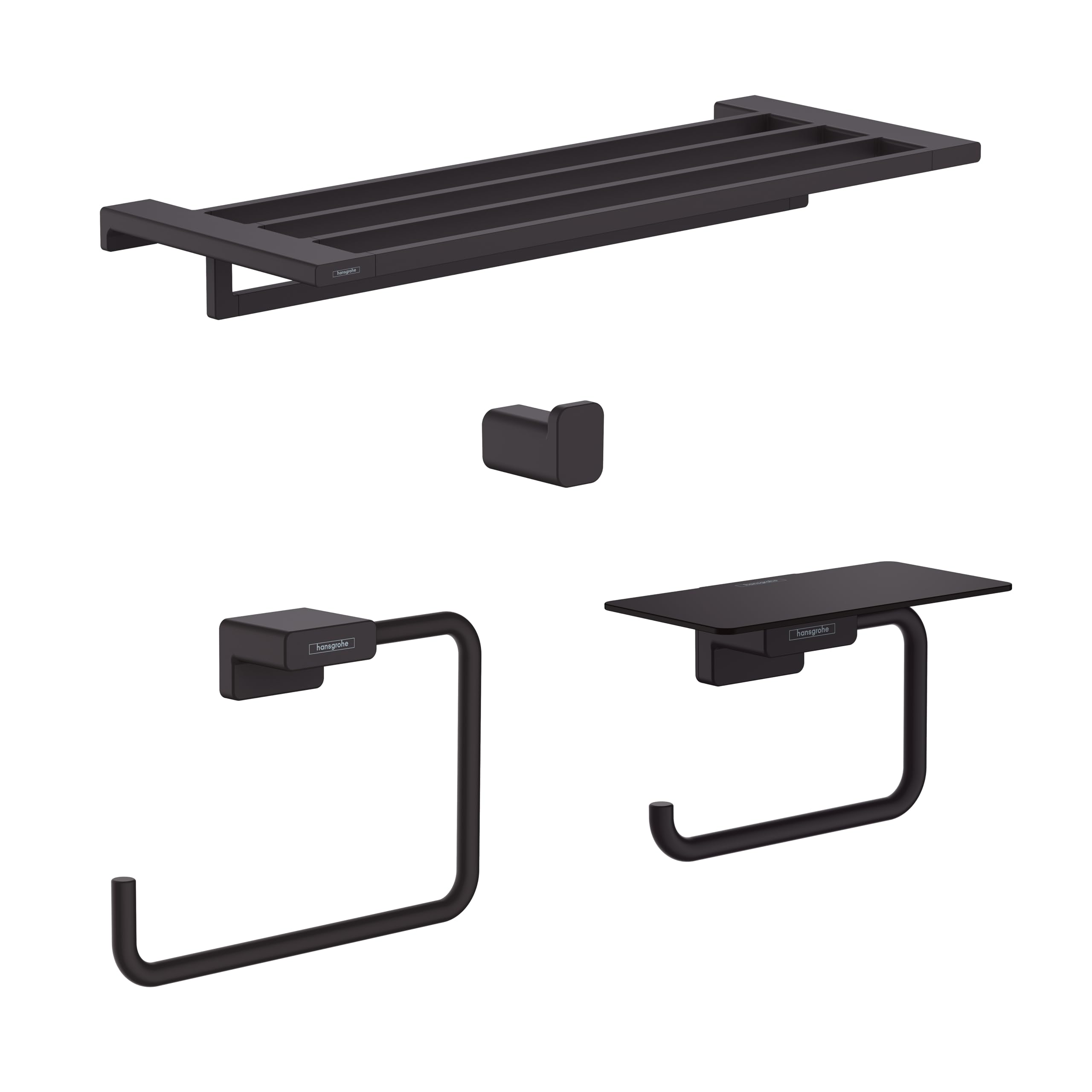 AddStoris Accessory Kit with Towel Rack, Towel Ring, Toilet Paper Holder w/Shelf, and Single Hook in Matte Black