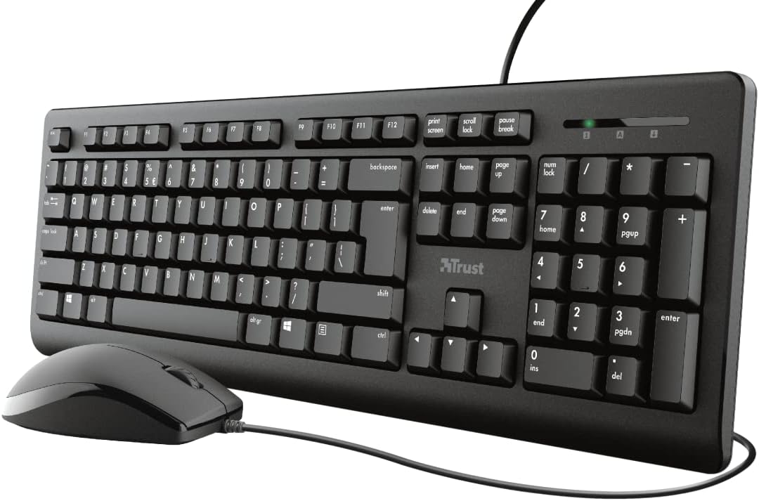 Trust Taro Wired Keyboard and Mouse Set - QWERTY UK Layout, Full-Size Keyboard, Spill-Resistant, 1.8 m Cable, USB Plug and Play, Quiet Combo for PC and Laptop - Black