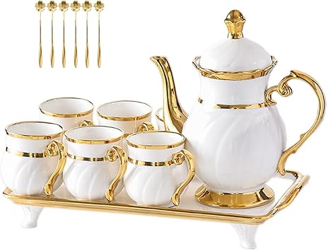 14-Pieces Porcelain Teapot Set Ceramic Coffee Cup Teacup with Gold Spoon Tea Party Tray Holder Gift Sets