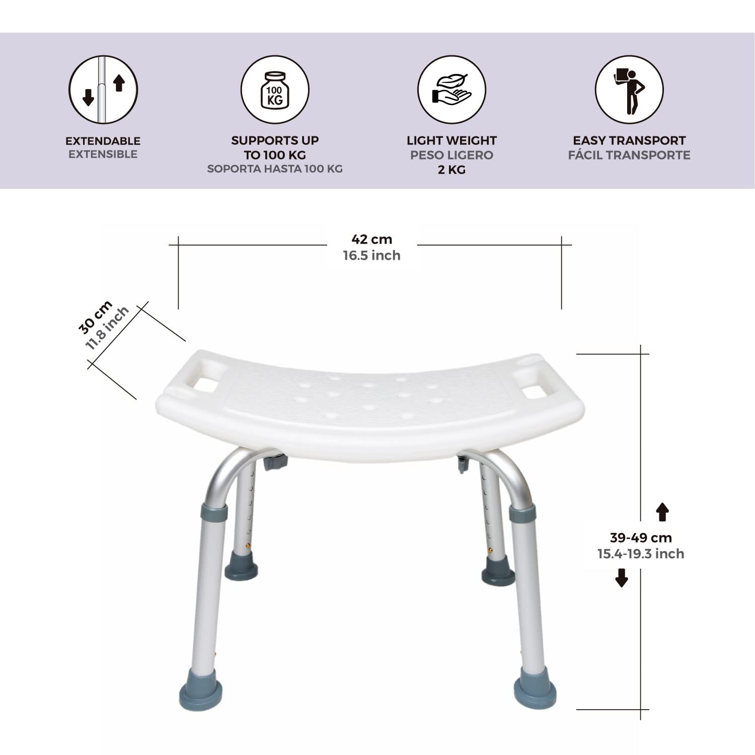 Silla de Baño y Taburete de Ducha con Soporte para Ducha de Mano | Altura regulable, patas antideslizantes y montaje sin herramientas; asiento con desagües para adultos y personas mayores