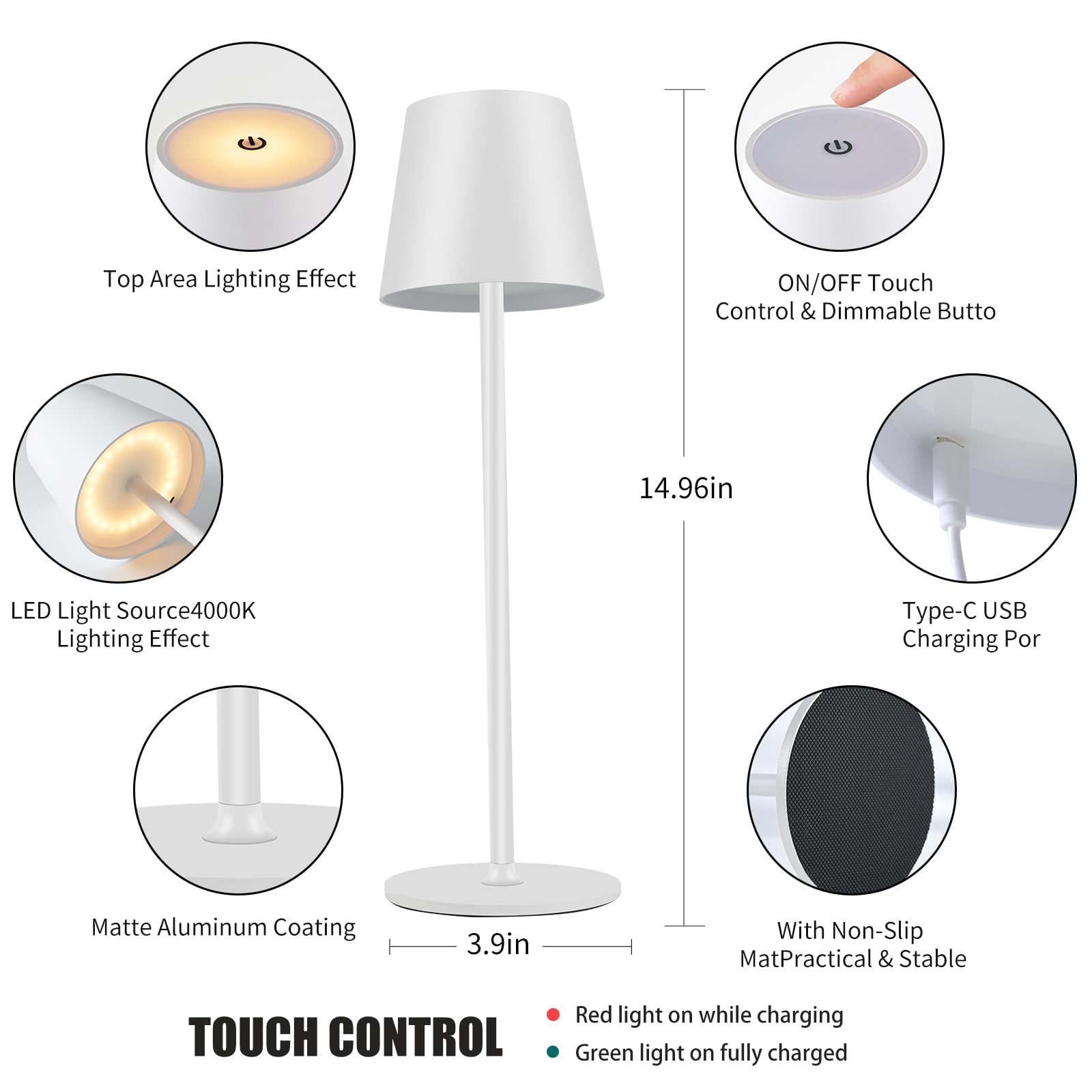 Zoeger 2 pezzi LED dimmerabile lampada da tavolo senza fili, ricaricabile, luce calda 3000 K, lampada da tavolo per interni ed esterni, con USB-C, alluminio, IP54, impermeabile, nero