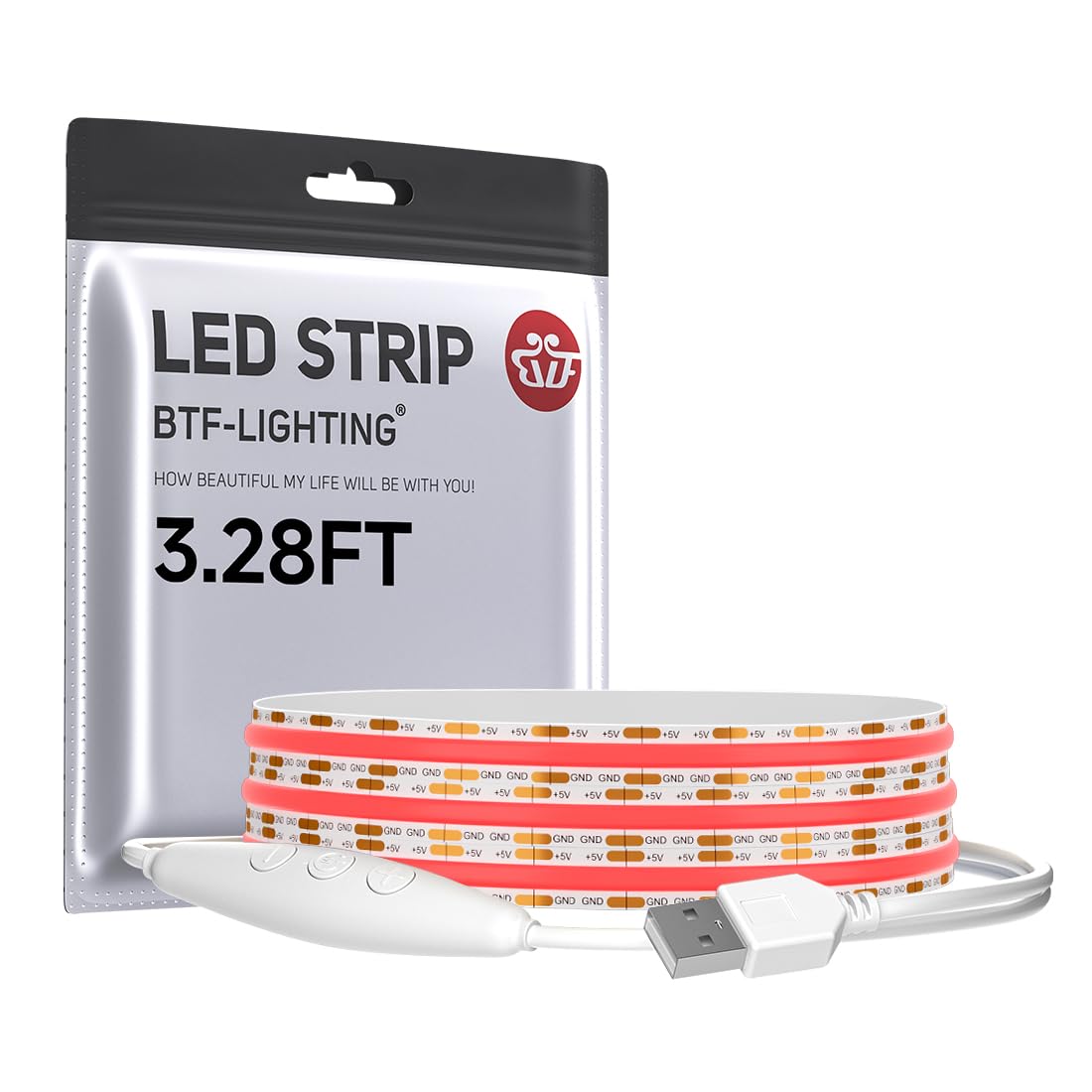 BTF-LIGHTING FCOB COB FOB LED Band Lights 5V USB Powered 3.28FT 320LEDs Red