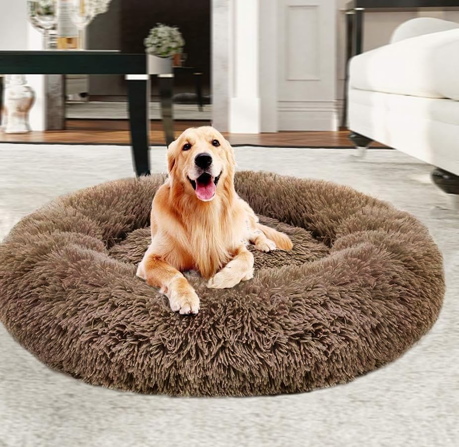 Yuly Warm Extra Large Donut Dog Beds, Faux Fur Calming Puppy Bed for Large Dog, Self-Warming Round Plush Pet Beds for Large Medium Dogs (100cm Brown) โ image 1