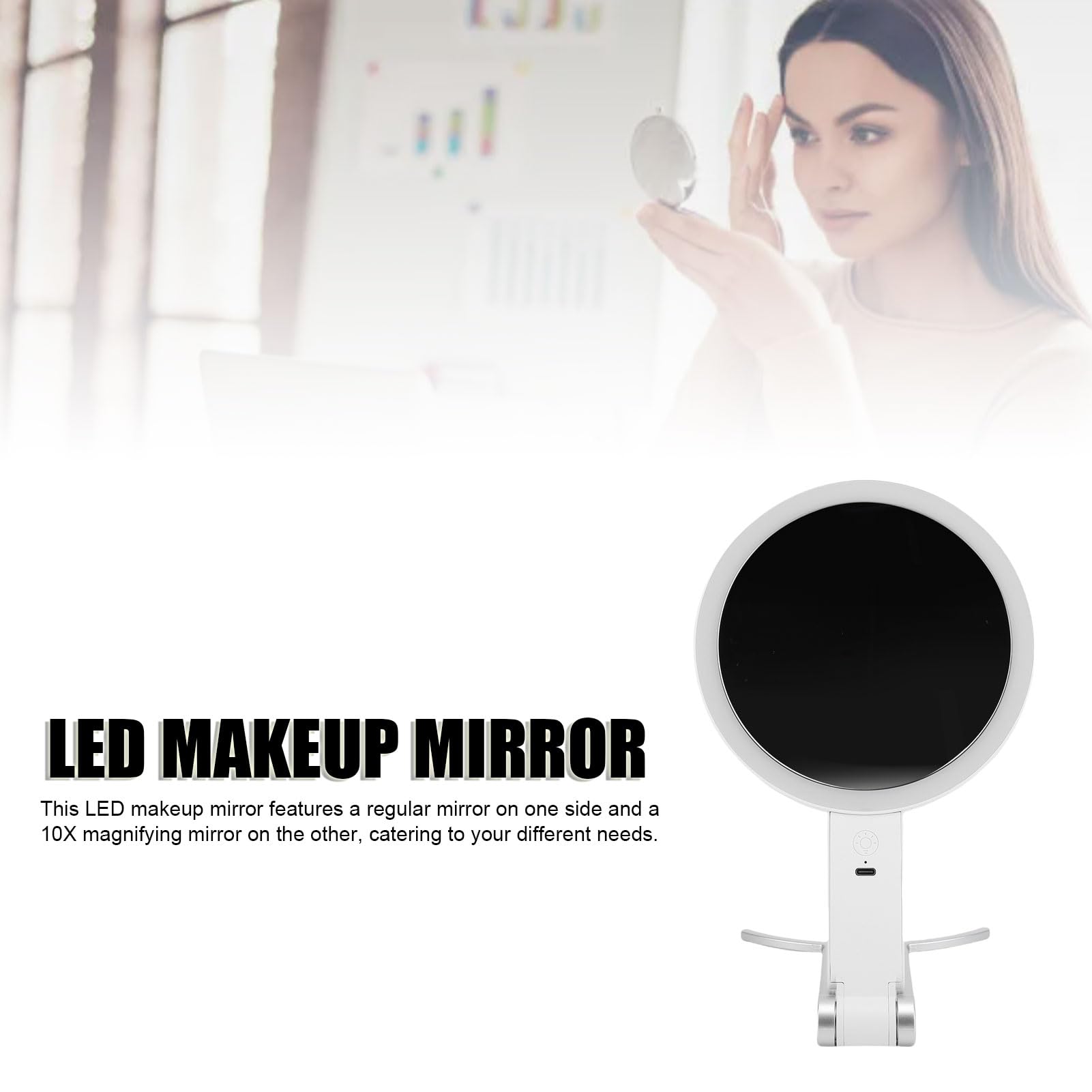 Specchio trucco a LED su entrambi i lati con luce LED luminosa e ingrandimento 10x, per applicazione trucco e cura della pelle, formato portatile