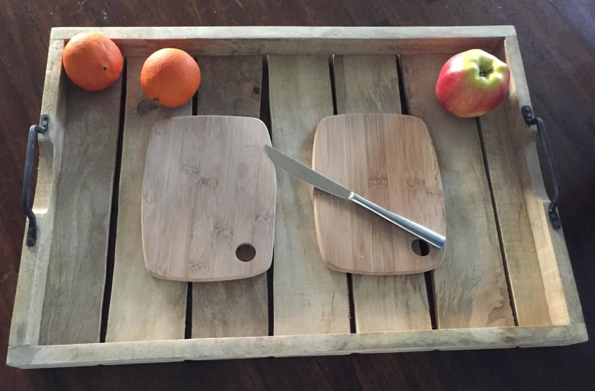 LS-LebenStil XXL Mango-Holz Serviertablett 56x39x8cm Griff-Tablett Betttisch Betttablett Holztablett Küchentablett Frühstückstablett mit Griffen