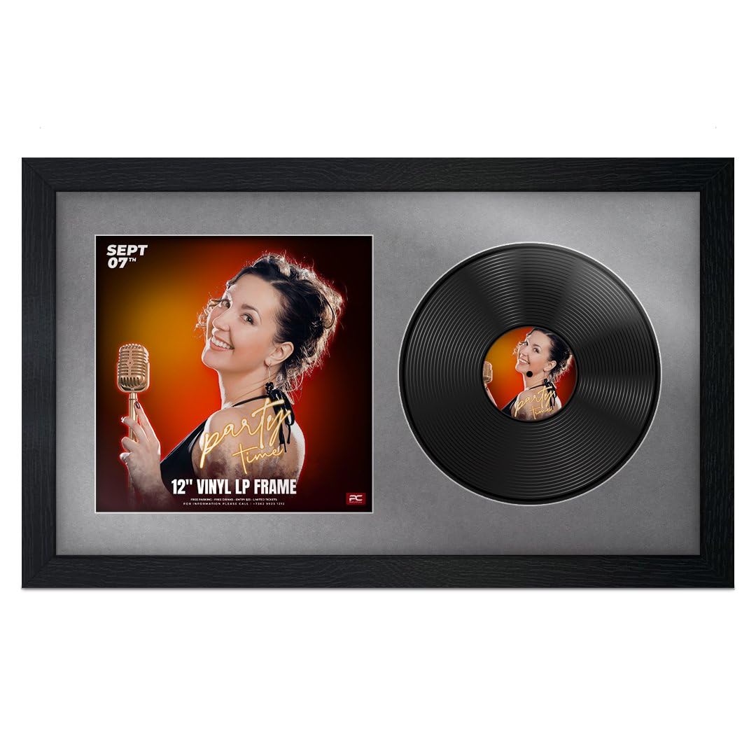 Procut Global 30x17" Black Vinyl Record Frame for 12 Inch LP Cover & Disc - Premium Display Modern Photo Frame - Engineered Wood with Shatterproof Perspex - Music Lover Gift - Mid Grey Mount — image 1