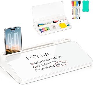WALGLASS Small Desktop Whiteboard with Storage, Glass Desk Dry Erase White Board Computer Keyboard Stand with Drawer, Desk Organizers with Accessories for Office, Home, School Supplies White