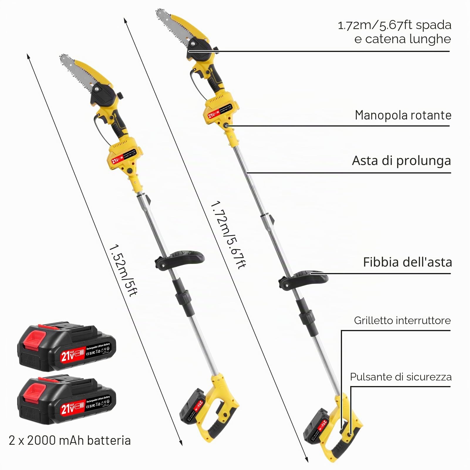 Motore telescopico a batteria 2 in 1, con batteria da 6 pollici, elettrico, 21 V, con 2 x 2000 mAh, per potatura da giardino, potatura e potatura