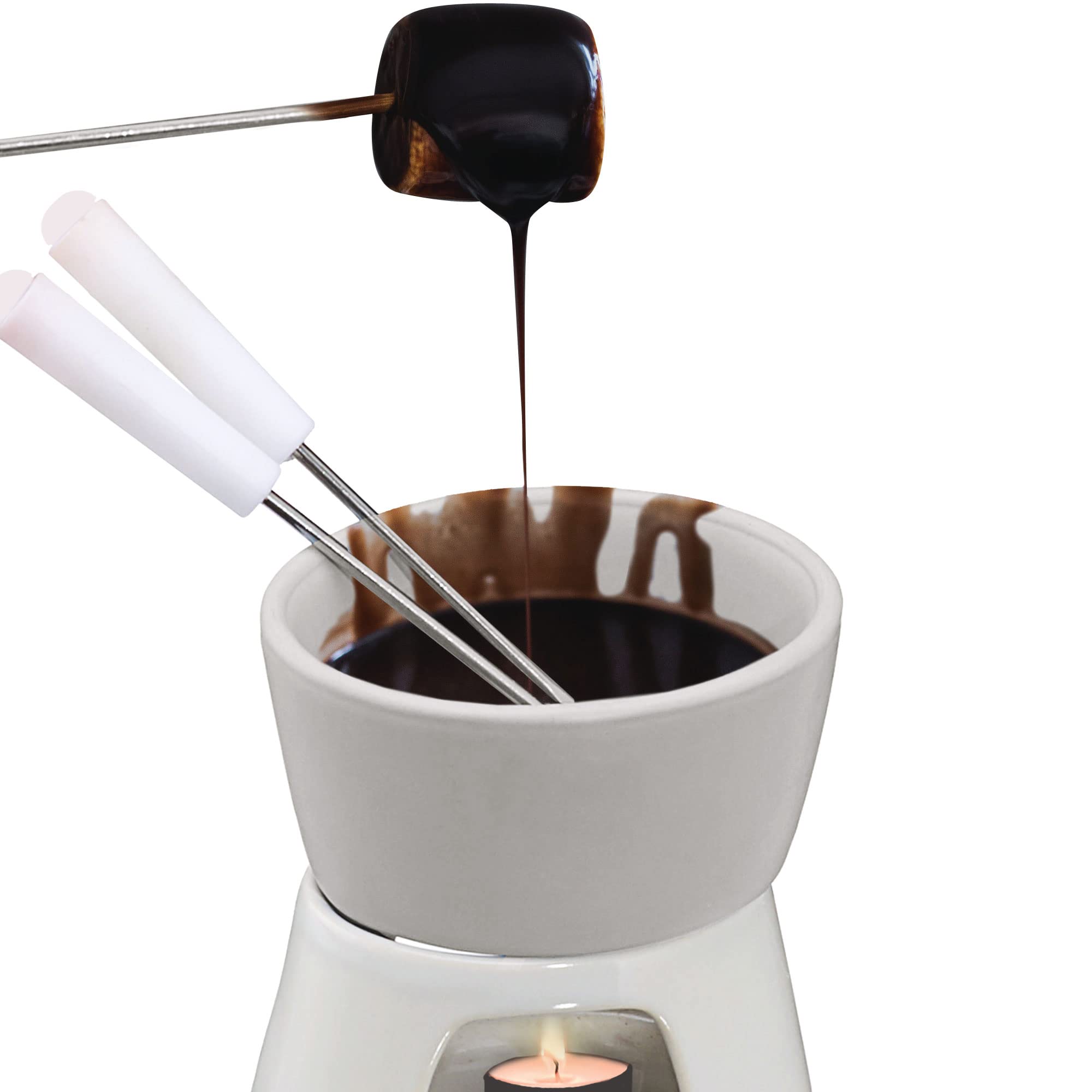 Cepewa 1 x ceramiczny zestaw do fondue czekoladowego fondue biały z 2 widelcami ze stali nierdzewnej (1 x zestaw czekoladowego fondue)