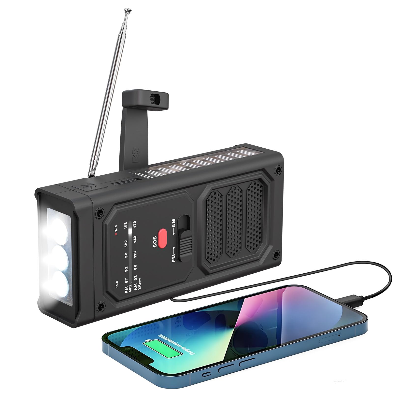 Radiolina a Manovella, AM/FM Solar Raio con Torcia LED, Allarme SOS, Radio di Emergenza Portatile con Batteria Ricaricabile da 2000 mAh per Ourdoor Campeggio Emergenza, Nero