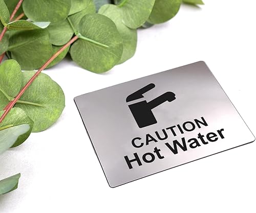 Miniatura 7 de Caution Hot Water, letrero para fregadero con adhesivo en la parte posterior, plateado metálico grabado en negro con símbolo de icono universal y