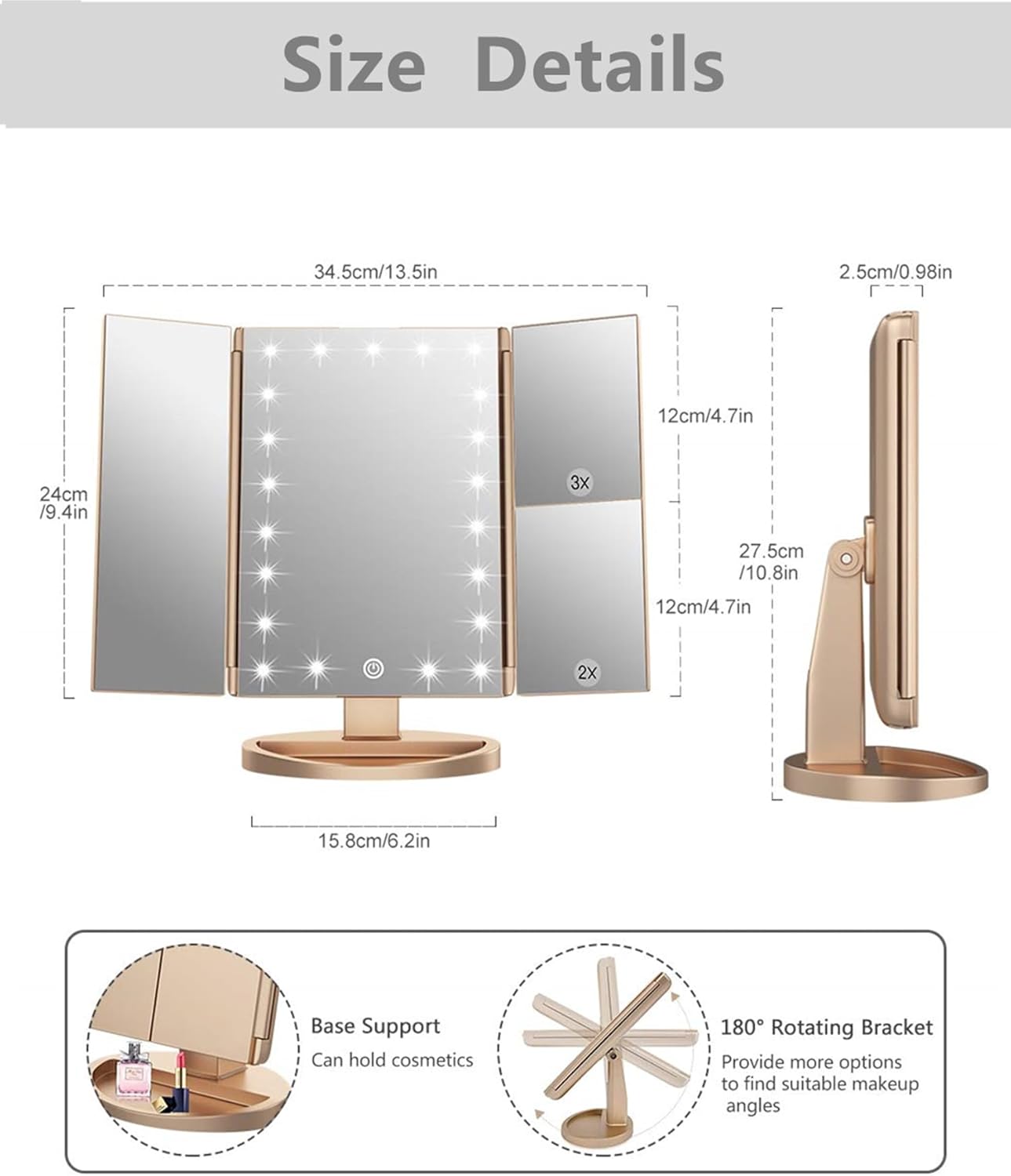 Tri-fold Lighted Vanity Makeup Mirror with 3x/2x/1x Magnification, 21Leds Light and Touch Screen,180 Degree Free Rotation Countertop Cosmetic Mirror,Travel Makeup Mirror (Gold) - Image 2