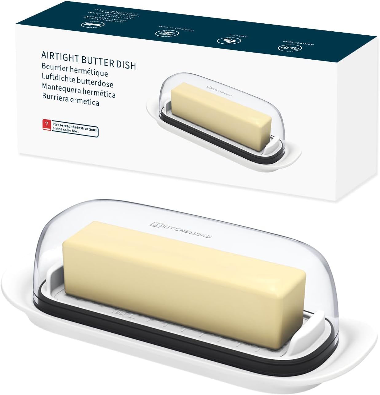 KITCHENDAO Airtight Butter Dish with Lid for Countertop and Refrigerator Door Shelf, Plastic Butter Holder, Butter Keeper Tray Container for West/East Coast Butter, White