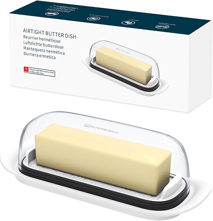 KITCHENDAO Airtight Butter Dish with Lid for Countertop and Refrigerator Door Shelf, Plastic Butter Holder, Butter Keeper Tray Container for West/East Coast Butter, White