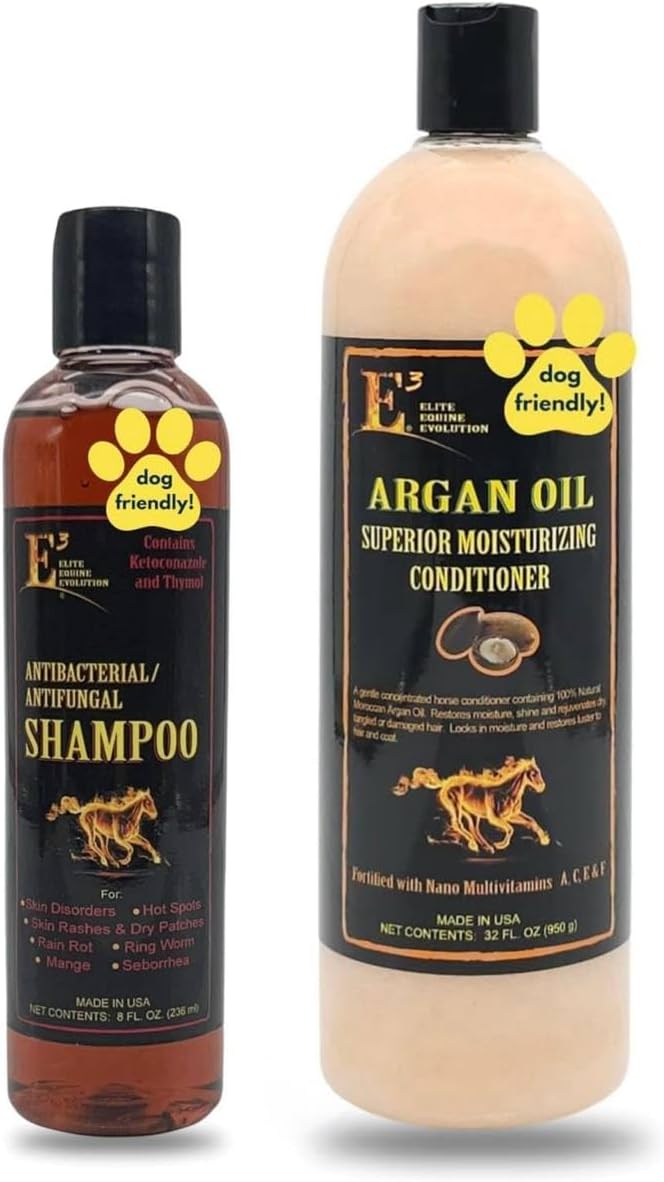 E3 Argan Oil Conditioner 32oz + E3 Antifungal Shampoo 8 oz - Set for Horses and Dogs - Professional Grooming Duo and Special Formula Deep Cleansing