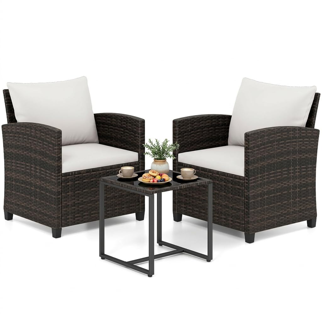 RELAX4LIFE 3-Piece Rattan Garden Furniture Set, PE Wicker Bistro Sets with Coffee Table, 2 Armchairs and Removable Cushions, Outdoor Furniture Conversation Sets for Lounge Backyard Poolside (White)
