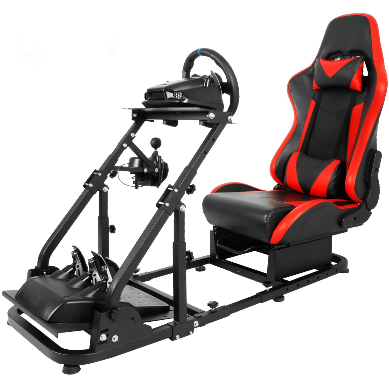 Minneer Enhanced Foldable Racing Simulator Cockpit Adjustable Fit For Thrustmaster/Fanatec/Logitech G29,G920,G923 Racing Wheel Stand/Bracket With Seat Frame Not Included Shifter&Handbrake&Wheel&Pedals （With Red Seat）