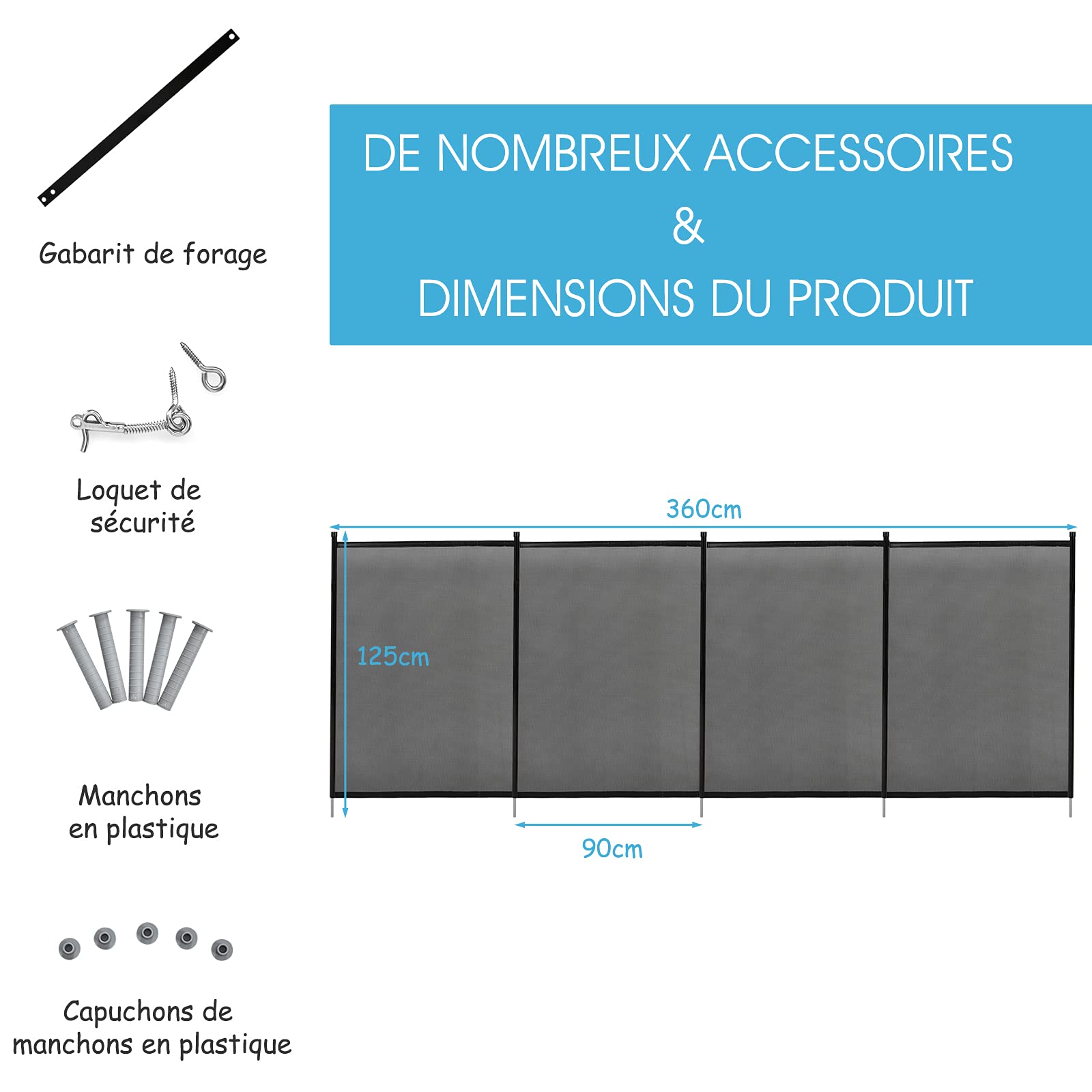 RELAX4LIFE Barrière de Sécurité Piscine 360X125CM Pliable en Tissu Textilène et Tube en Aluminium, Barrière Protection Piscine, Clôture Piscine pour Sécurité d'enfants ou Animaux