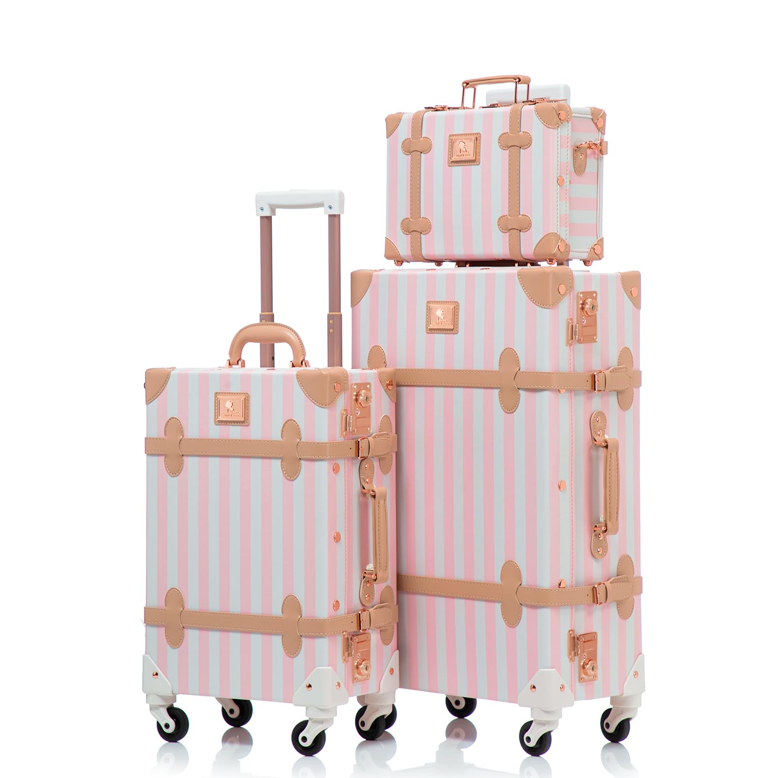 UNIWALKER Vintage Suitcase Set, 3 Piece Retro Spinner Trunk, TSA-Approved Travel Luggage with Cosmetic Train Case for Women, Pink Strip, 26"+20"+12"