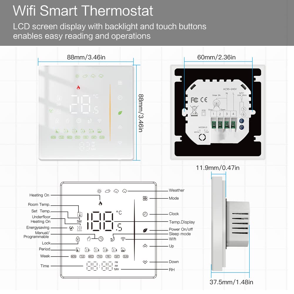Termostato Smart Wifi Caldaia a gas/acqua Riscaldamento Termostato ambiente Telecomando Regolatore di temperatura programmabile digitale Umidità Tuya Funziona con Amazon Alexa Google Home 95~240VAC