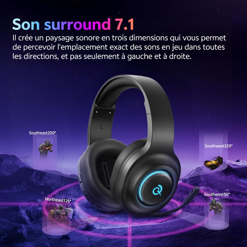 QCY Casque Gaming,Casque sans Fil 2,4 GHz pour PS5,PS4,PC,Switch,réduction de Bruit Amovible avec Micro,Son Surround 7.1,autonomie de 240 Heures,lumières RVB - Noir