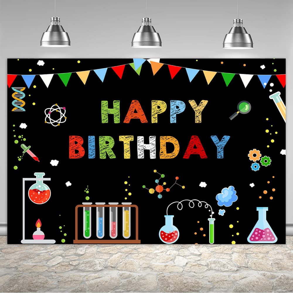 Ticuenicoa 6×4ft Chemical Science Happy Birthday Backdrop Mad Science Fun Scientist Children Boys Girls Physical and Chemical Experiments Party Banner Decorations Happy Birthday Photography Background