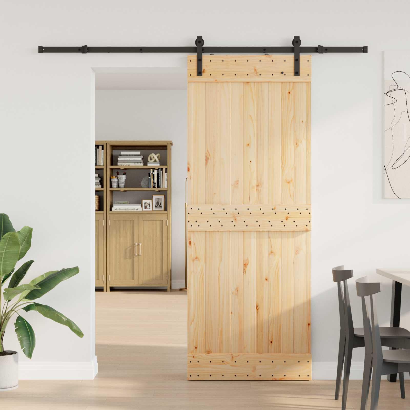 Puerta corredera NARVIK natural negro de madera de pino maciza, 80 x 210 cm, con guía de acero pulverizado, ahorra espacio, para interiores, incluye riel y accesorios
