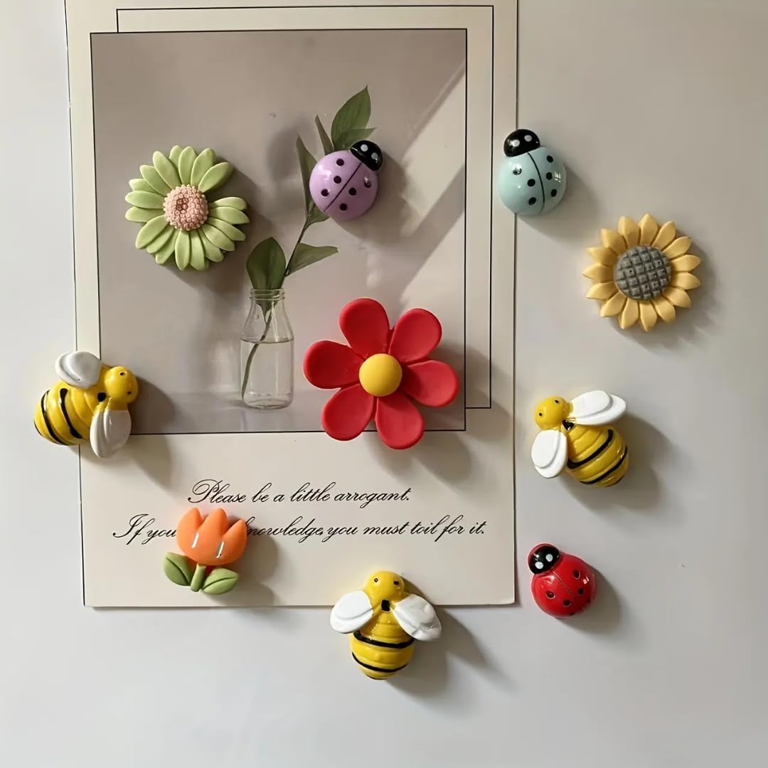 WARMINGO DE 10 Pc Resin Flower Bees Bugs Fridge Magnets for Home Decor & Gifting | Kitchen Decoration Stylish Refrigerator Accessories | Cute Fridge Magnets