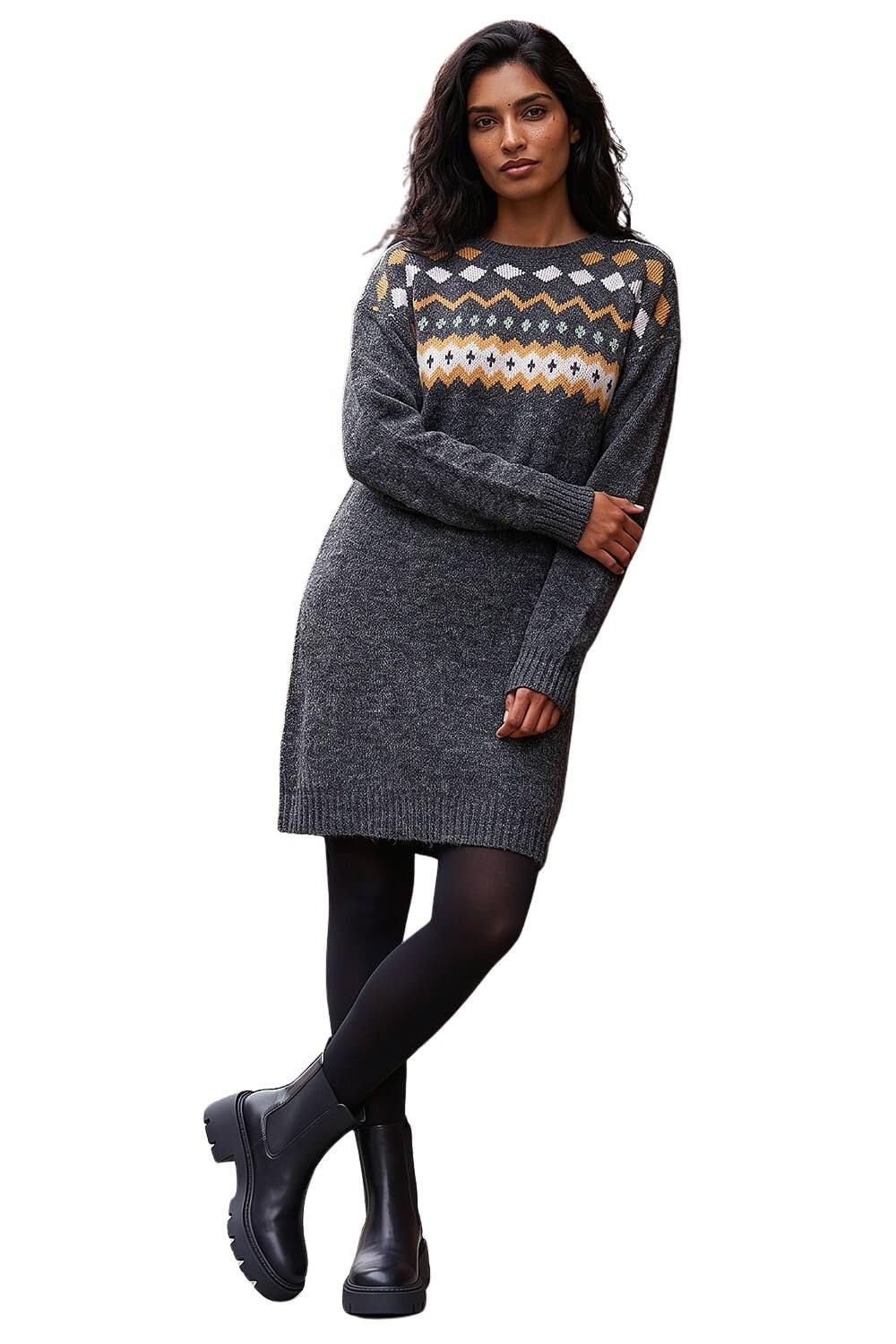 Roman Women's Nordic Print Knitted Jumper Dress in Dark Grey | Size: 18