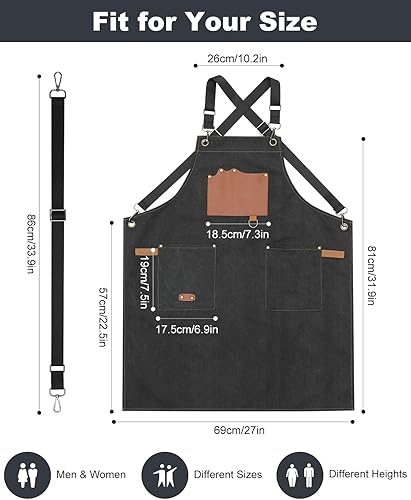 Miniatura 5 de Delantal de chef de mezclilla con bolsillos, babero de cocina profesional para hombre y mujer, delantal negro para cocinar, parrilla, barbacoa,