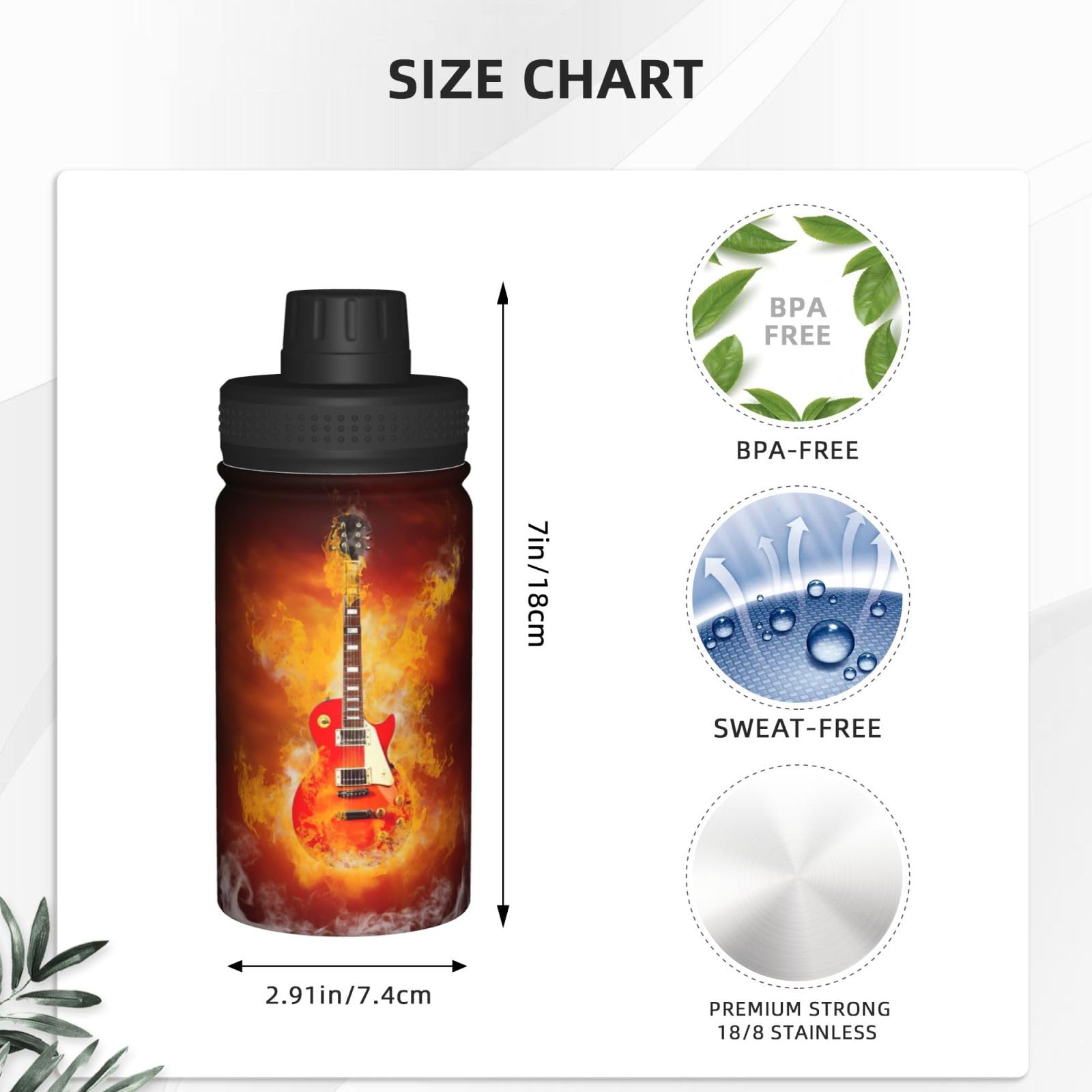 Isolierte Metall-Wasserflasche, Motiv: Rock-Gitarre im brennenden Druck, 340 ml, Edelstahl, hält kalt und heiß