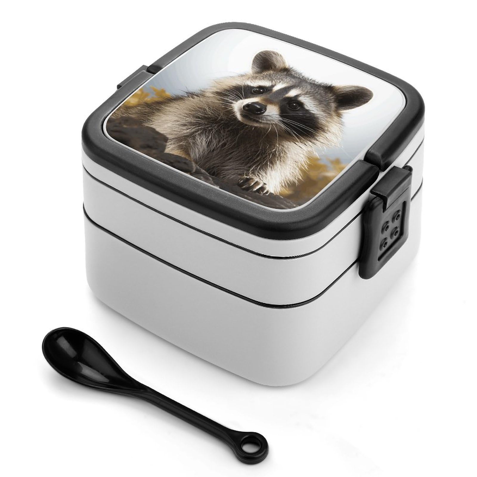 VstaDank Hairy Raccoon Bento Box with Compartments Portable Lunch Containers with Spoon Leak Proof Bento Lunch Box Snap-On Design Double-Layer Insulated Lunch Boxes for Work Camping