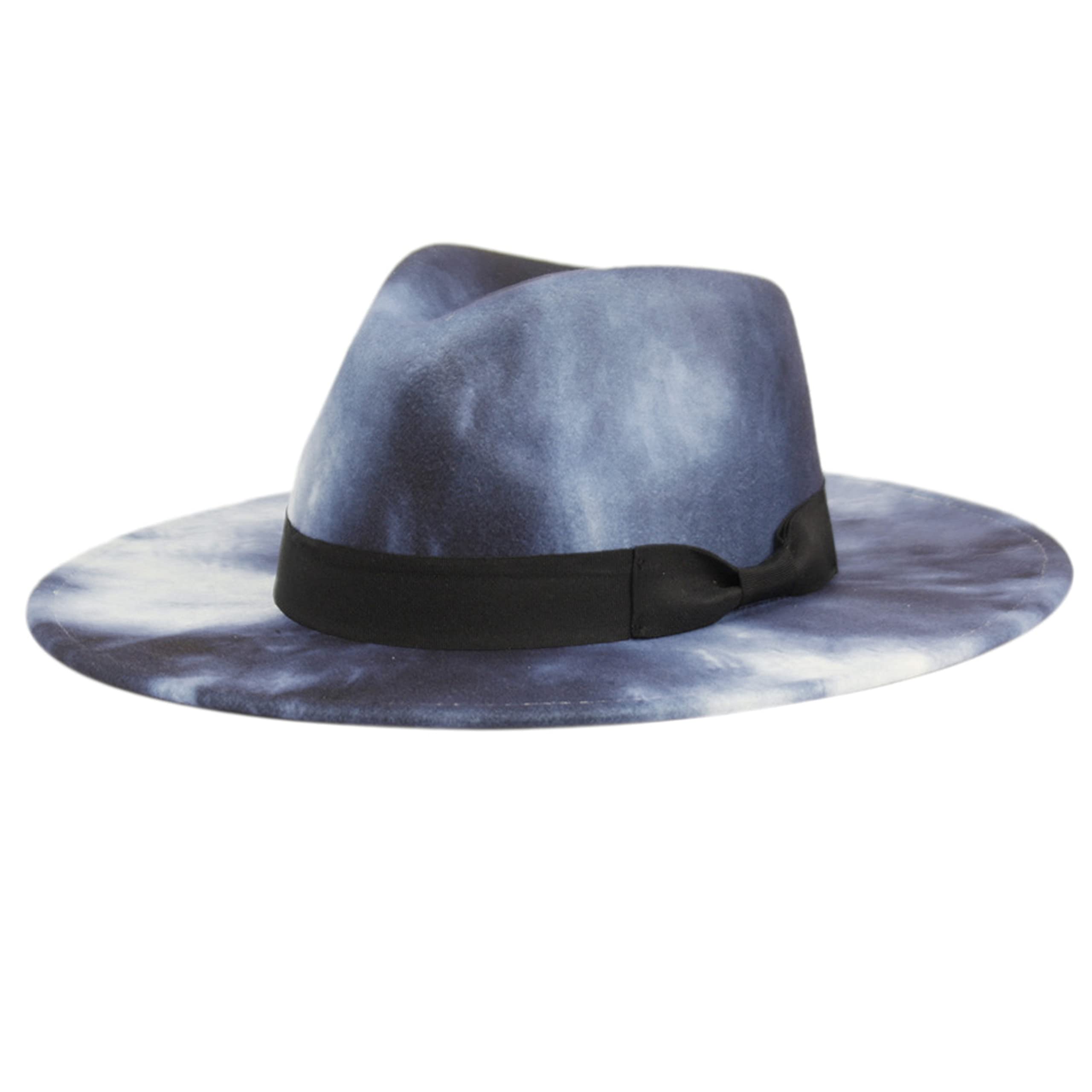 Women's Classic Wide Flat Brim Panama Hat Wool Fedora Hat (TIE-DYE Blue)